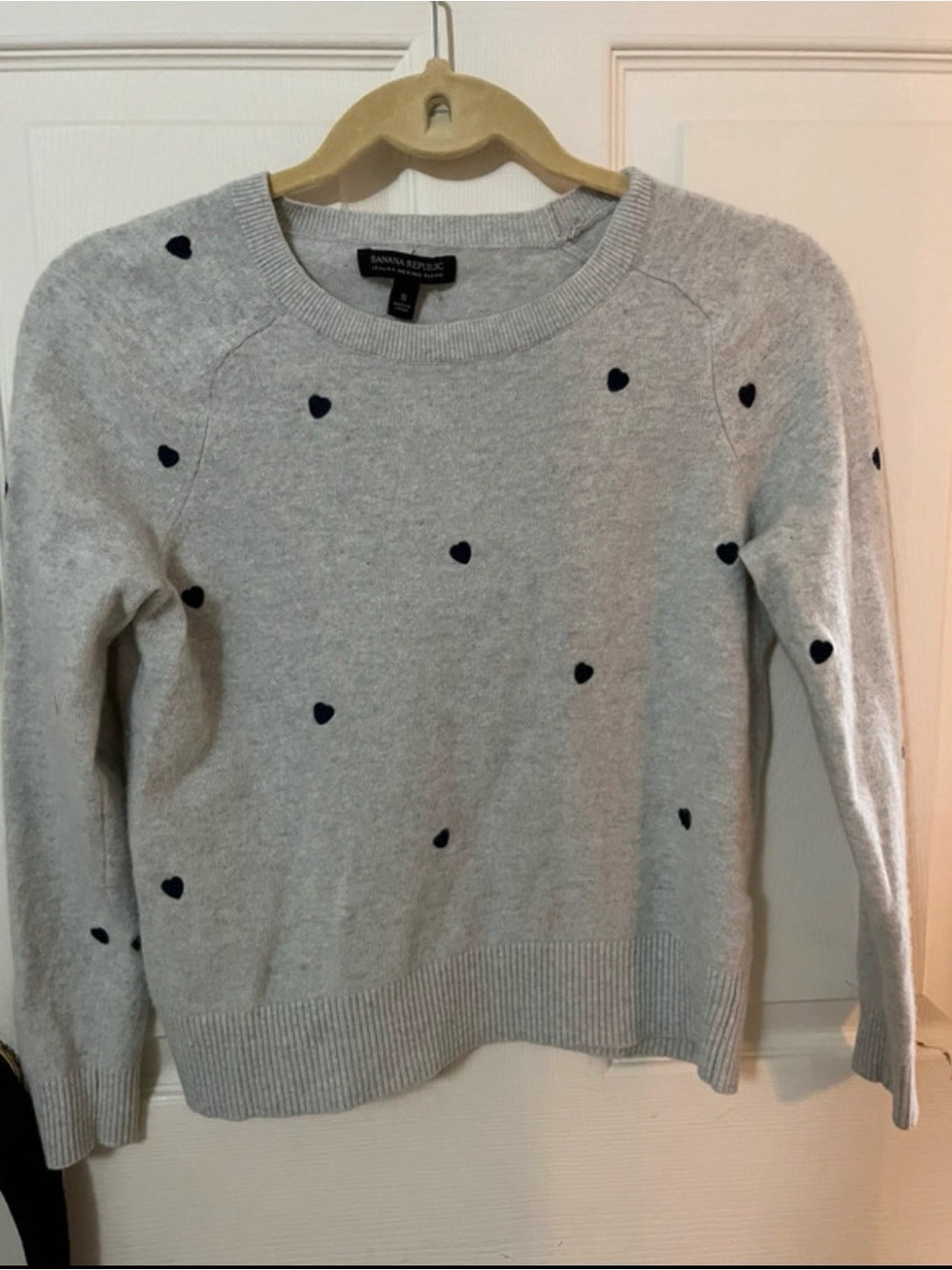 Banana Republic Italian Merino Wool Gray Heart-Embroidered Crewneck Sweater